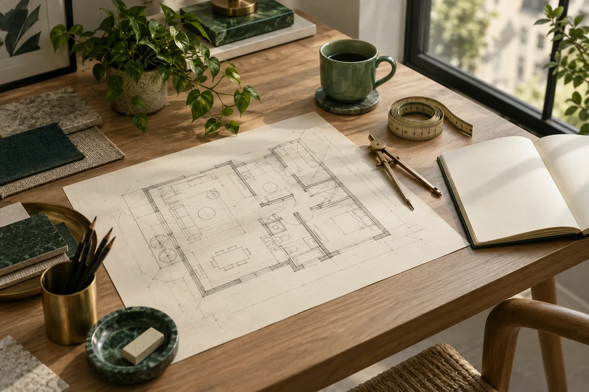 Table de travail avec plan d’appartement au crayon, mètre ruban, compas et carnet ouvert